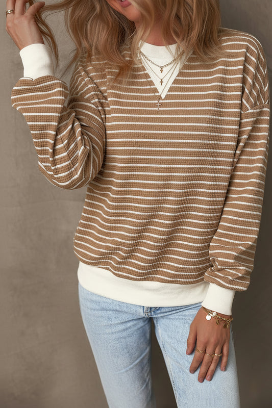 Khaki Stripe Patched Edge Textured Round Neck Long Sleeve Top