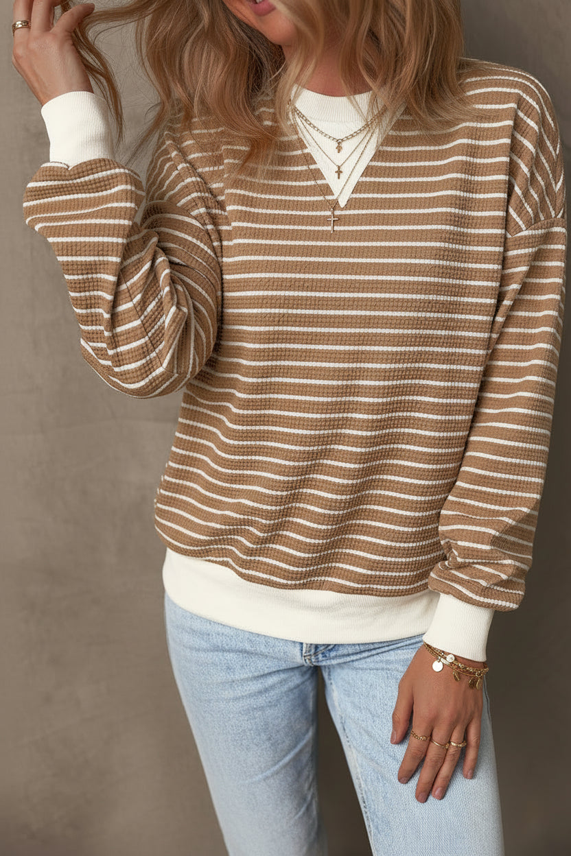 Khaki Stripe Patched Edge Textured Round Neck Long Sleeve Top