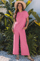 Blue Solid Corded Knit Short Sleeve T Shirt and Wide Leg Pants Set