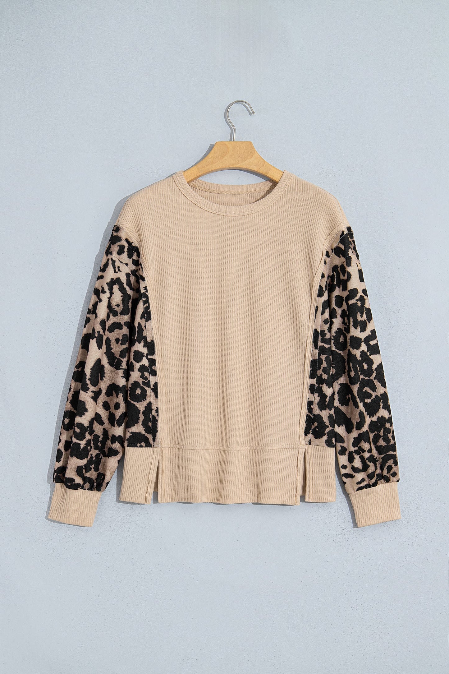 Leopard Ribbed Trim Waffle Knit Split Hem Sweater