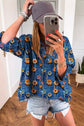 Floral Patchwork Long Sleeve Collared V-Neck Blouse