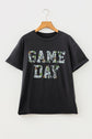 Camo Game Day Letter Graphic Round Neck T-Shirt