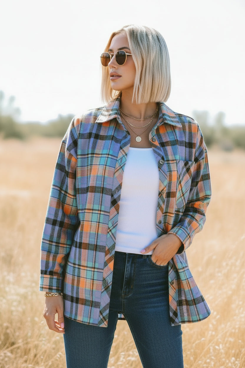 Orange Plaid Print Loose Vintage Shirt