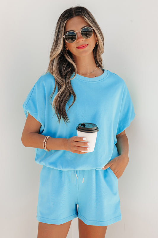 Light Blue Solid Color Puffy Loose Top Drawstring Shorts 2pcs Outfit