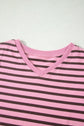 Stripe Ribbed Trim V-Neck Puff Sleeve Top