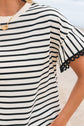 Black Stripe Scallop Lace Trim Ruffle Short Sleeves Crewneck Top