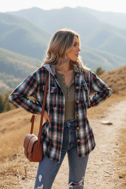 Red Plaid Print Chest Pocket Buttoned Hooded Shacket