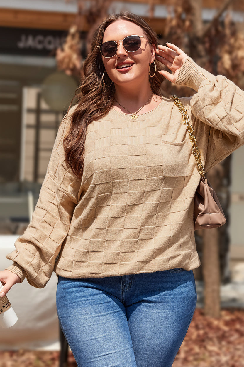 Light French Beige Solid Checkered Textured Knit Plus Size Sweater