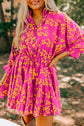 Green Floral Print Drawstring Tunic Flowy Short Dress