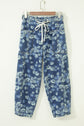 Floral Denim Drawstring Barrel Leg Jeans