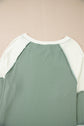 Mint Green Ribbed Colorblock Patchwork Raglan Long Sleeve Top