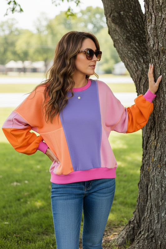 Orchid Petal Colorblock Patchwork Exposed Stitching Oversize Top