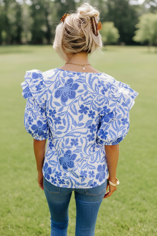 Dark Blue Floral Print Ruffled Bubble Sleeve Blouse