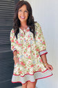 Floral Stripe Trim 3/4 Puff Sleeve Dress