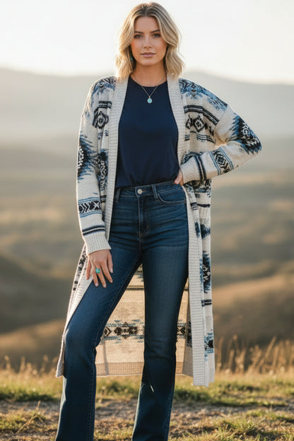 Sky Blue Western Aztec Printed Open Front Long Cardigan