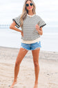 Black Stripe Scallop Lace Trim Ruffle Short Sleeves Crewneck Top