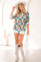 Floral Patchwork Long Sleeve Collared V-Neck Blouse