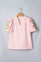 Floral Stripe Embroidered Puff Sleeve V-Neck Blouse