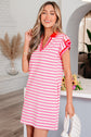 Dark Blue Stripe Print Contrast Collar Split Neck Flutter Sleeve Short Dress