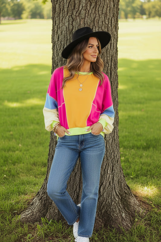 Orchid Petal Colorblock Patchwork Exposed Stitching Oversize Top