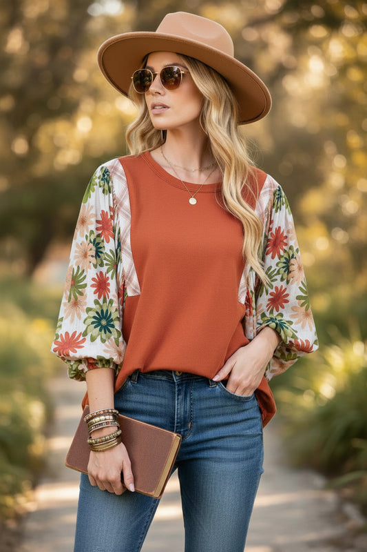 Desert Gold Floral Puff Sleeve Patchwork Round Neck Blouse