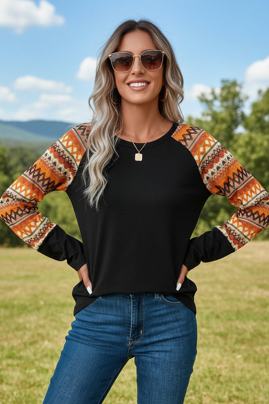 Orange Geo Print Raglan Patchwork Long Sleeve Tee