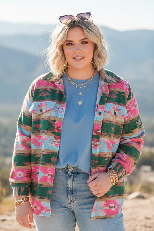 Pink Plus Size Aztec Printed Flap Pocket Shacket