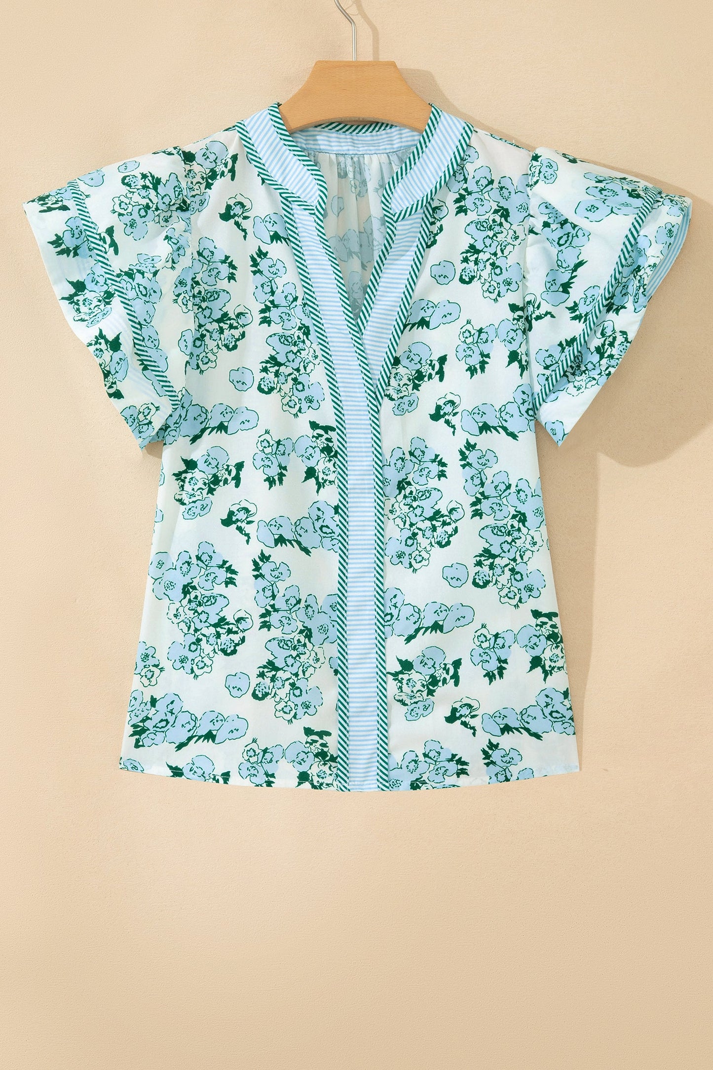 Floral Stripe V-Neck Flutter Sleeve Blouse