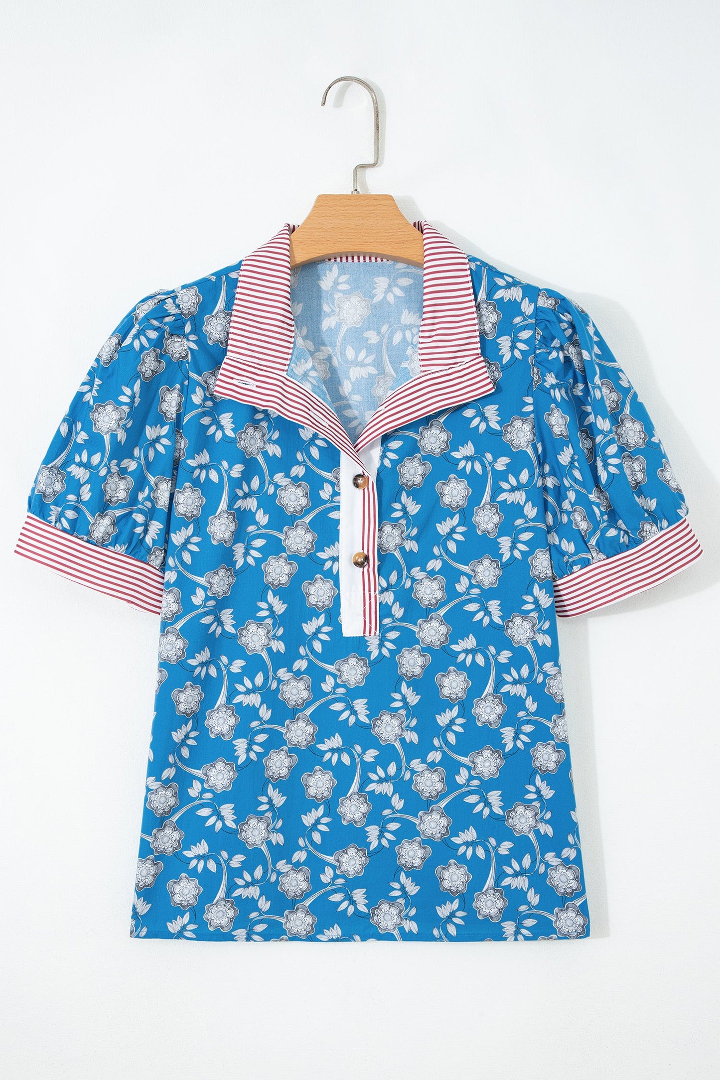Floral Stripe Trim Button Neck Short Sleeve Blouse