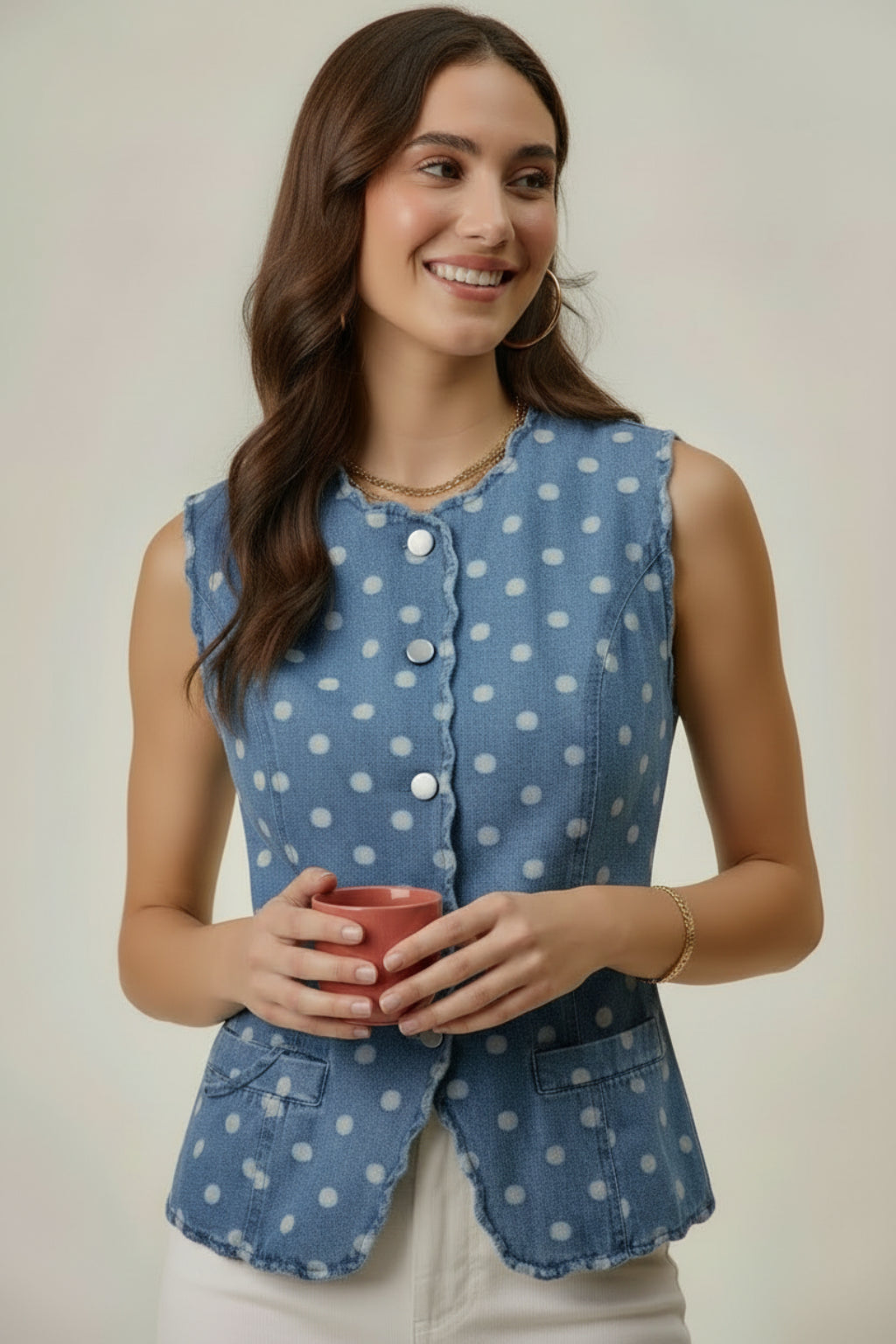 Woman wearing a blue polka dot sleeveless shirt against a neutral background