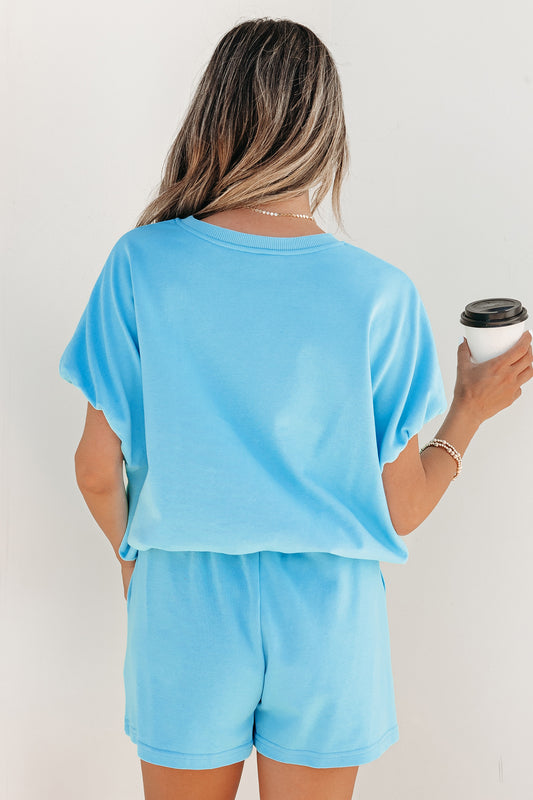 Light Blue Solid Color Puffy Loose Top Drawstring Shorts 2pcs Outfit
