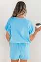 Light Blue Solid Color Puffy Loose Top Drawstring Shorts 2pcs Outfit