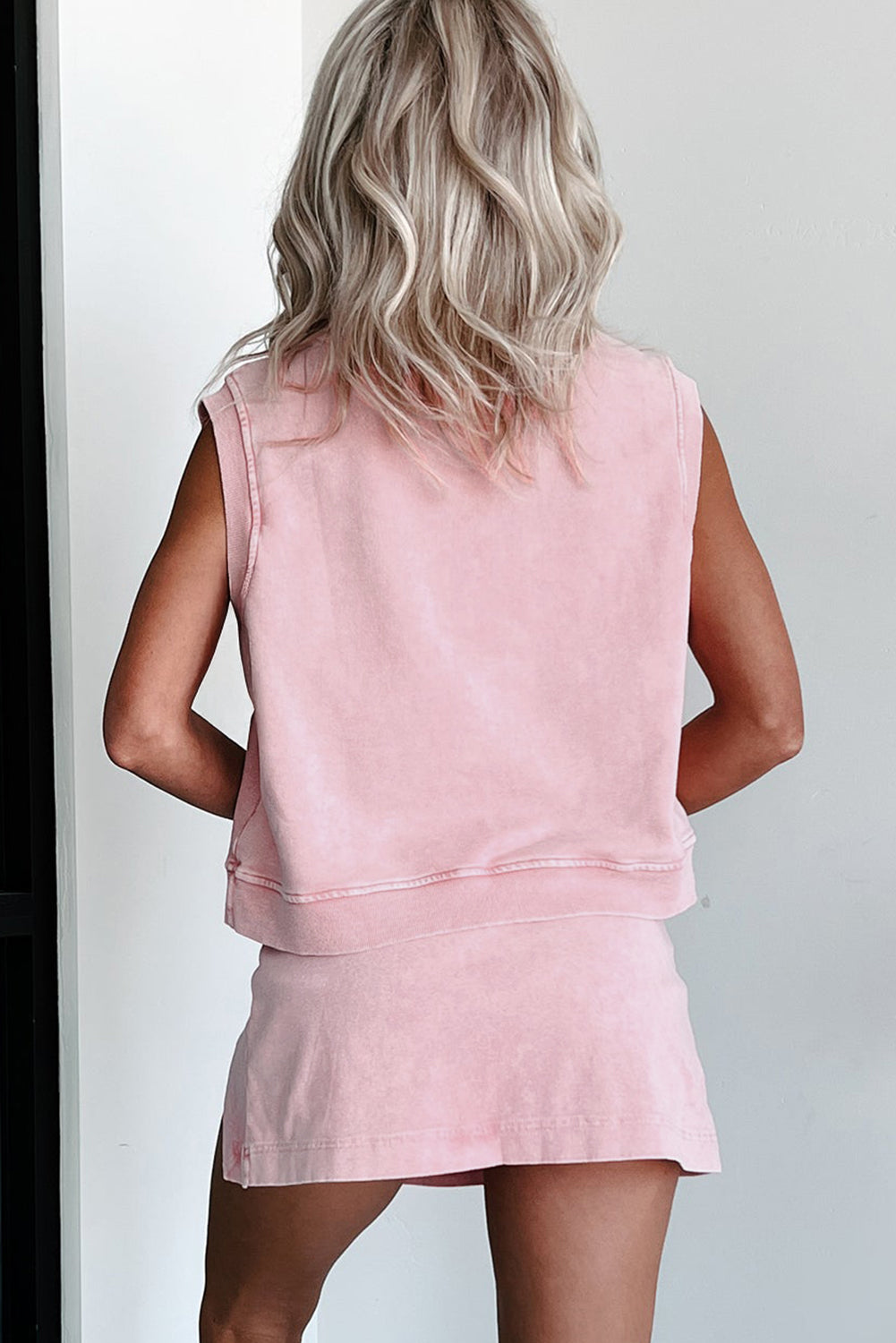 Myosotis Solid Color Washed Sleeveless Top Split Skort Cotton 2pcs Outfit