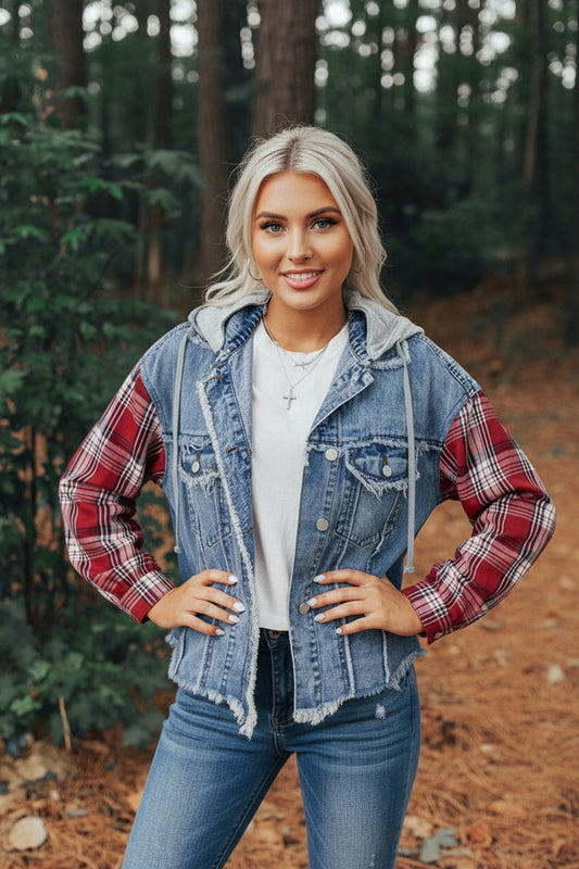 Beau Blue Plaid Print Patchwork Hooded Raw Hem Denim Jacket