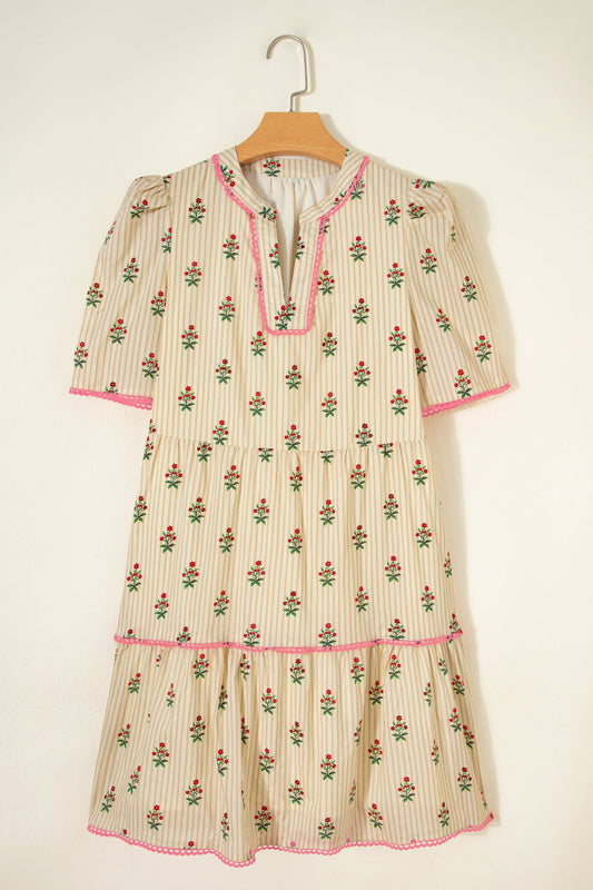 Floral Stripe Contrast Ruffle Hem Mini Dress