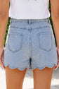 Myosotis Solid Color Scalloped Trim Casual Denim Shorts