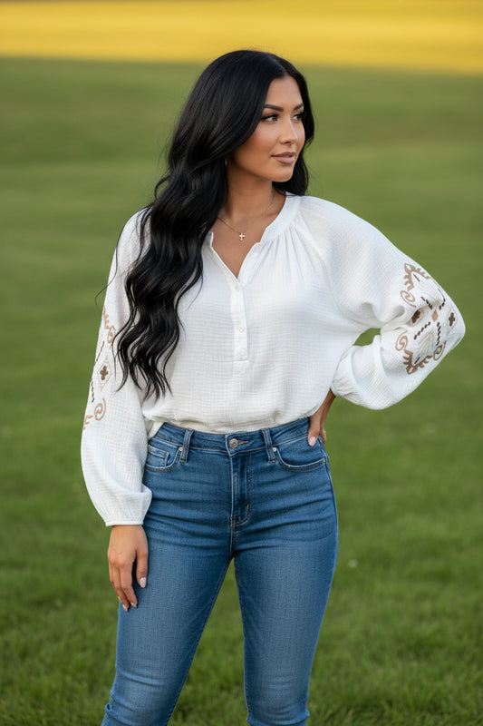 White Embroidered Textured Buttoned Crew Neck Shirt