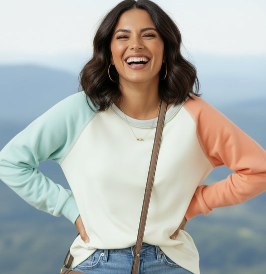 Yellow Cream Colorblock Patchwork Crew Neck Long Sleeve Top