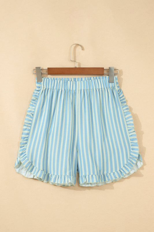Stripe Ruffle Trim Elastic Waist Shorts