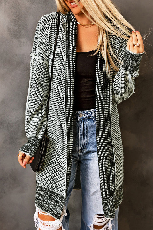 Navy Blue/Black Plaid Knitted Long Open Front Cardigan