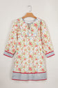 Floral Stripe Trim 3/4 Puff Sleeve Dress