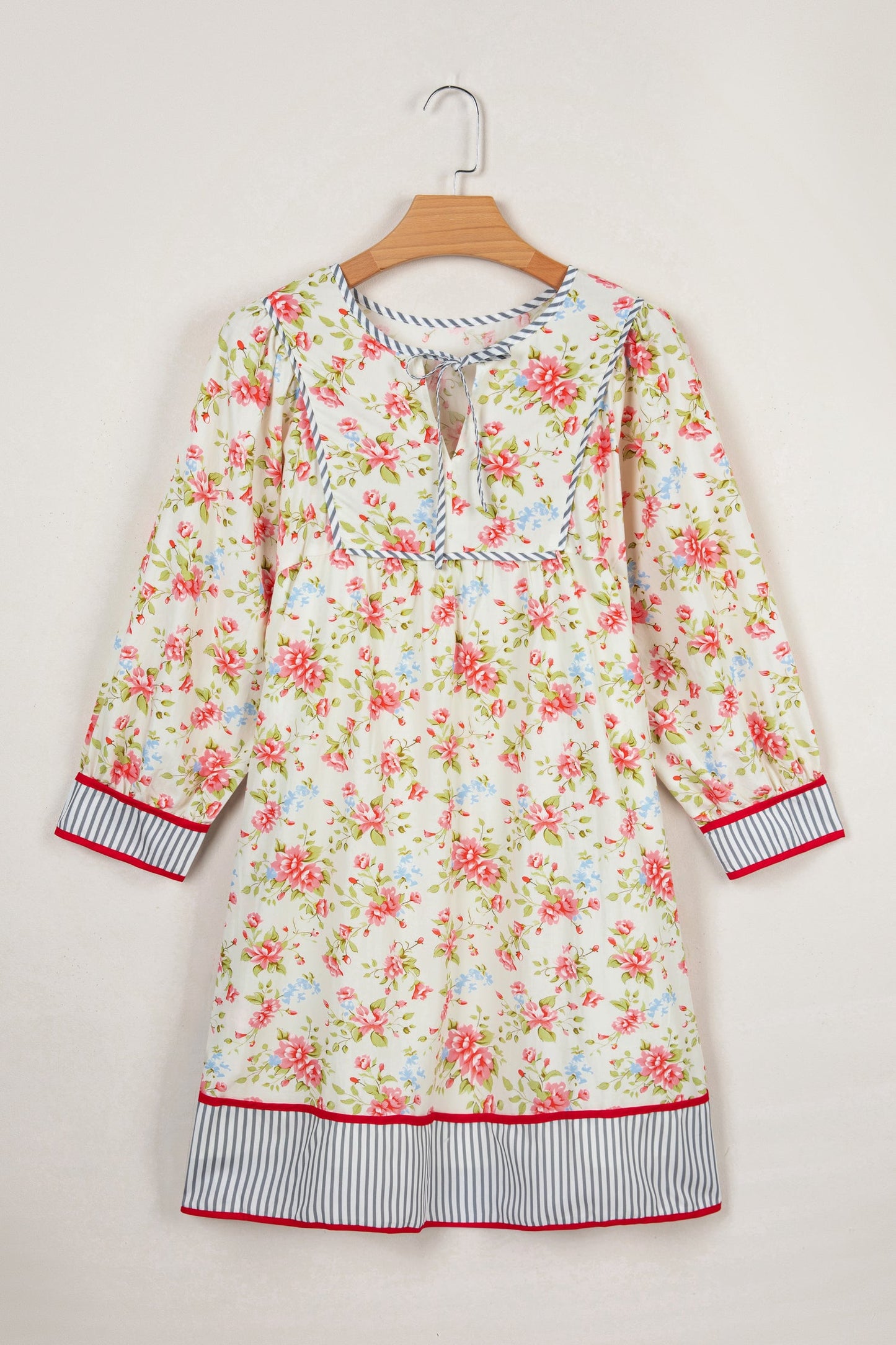 Floral Stripe Trim 3/4 Puff Sleeve Dress