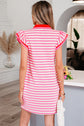 Dark Blue Stripe Print Contrast Collar Split Neck Flutter Sleeve Short Dress