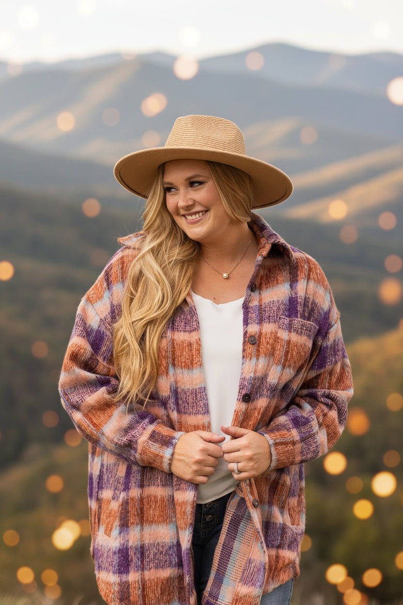 Multicolour Plus Size Plaid Print Collared Button up Jacket