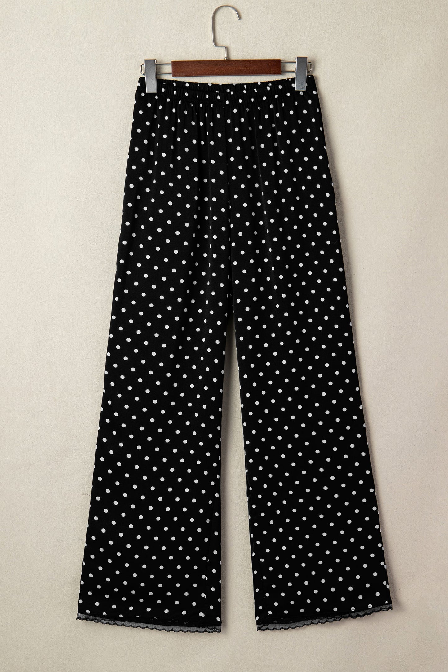 Polka Dot Elastic Waist Lace Hem Pants