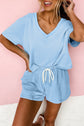 Myosotis V Neck Drop Shoulder Tee and Patchwork Drawstring Elastic Waistband Shorts Set