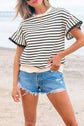 Black Stripe Scallop Lace Trim Ruffle Short Sleeves Crewneck Top