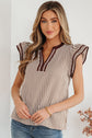 Stripe Double Ruffle Short Sleeve V-Neck Blouse