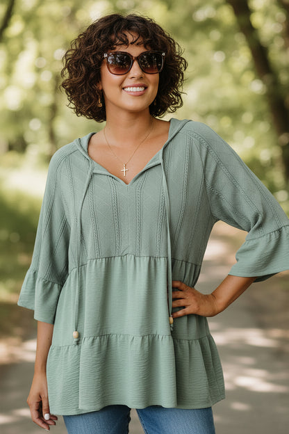 Laurel Green Tie Split Neck Textured Ruffle Patchwork Blouse