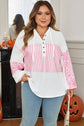Plus Size Stripe Leopard Patchwork Waffle Knit Buttoned Hoodie